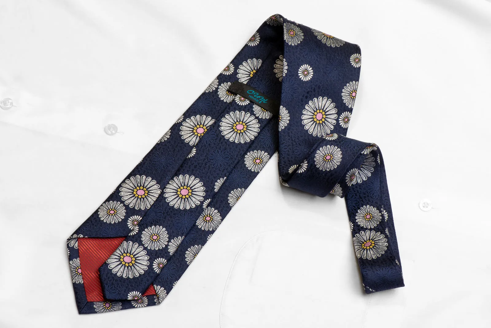 Silver Floral On Blue Rhinestone Silk Necktie