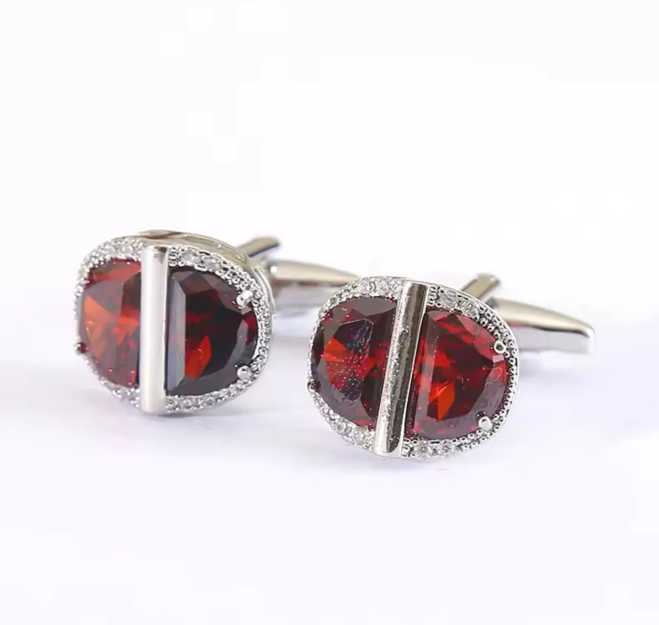 SILVER RED OVAL CUFFLINKS