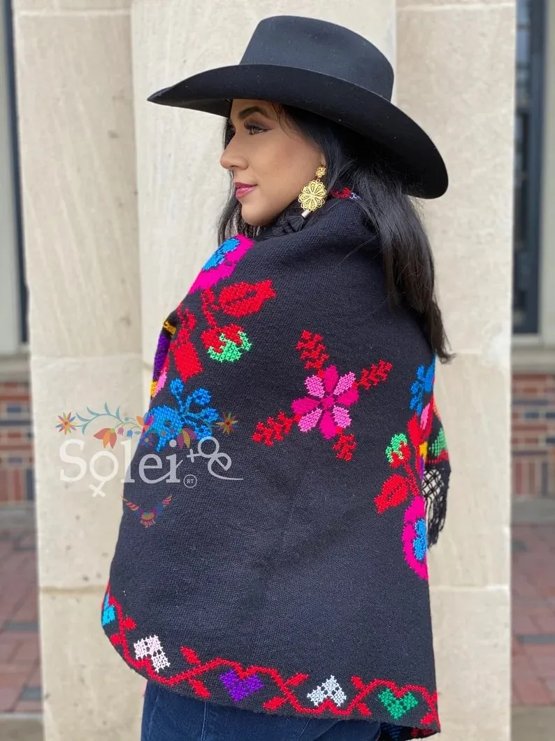 Traditional Mexican Hand Embroidered Shawl. Rebozo Pavo Sencillo