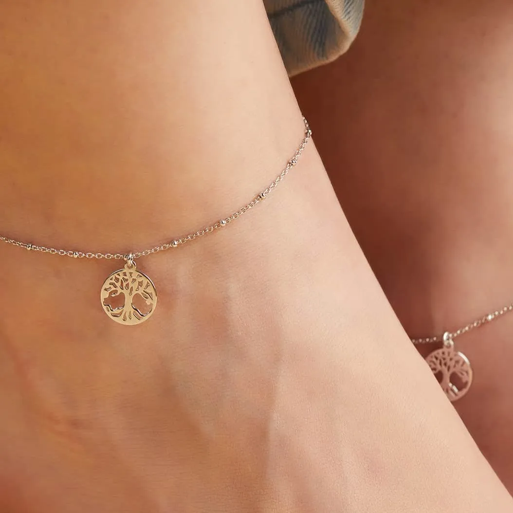 Tree of Life Rhodium Plated 925 Sterling Silver Anklets