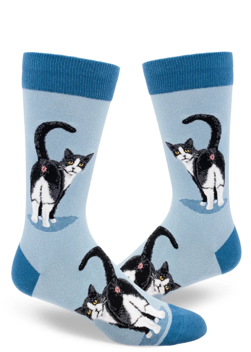 Tuxedo Cat Butt Mens Crew Socks in Blue