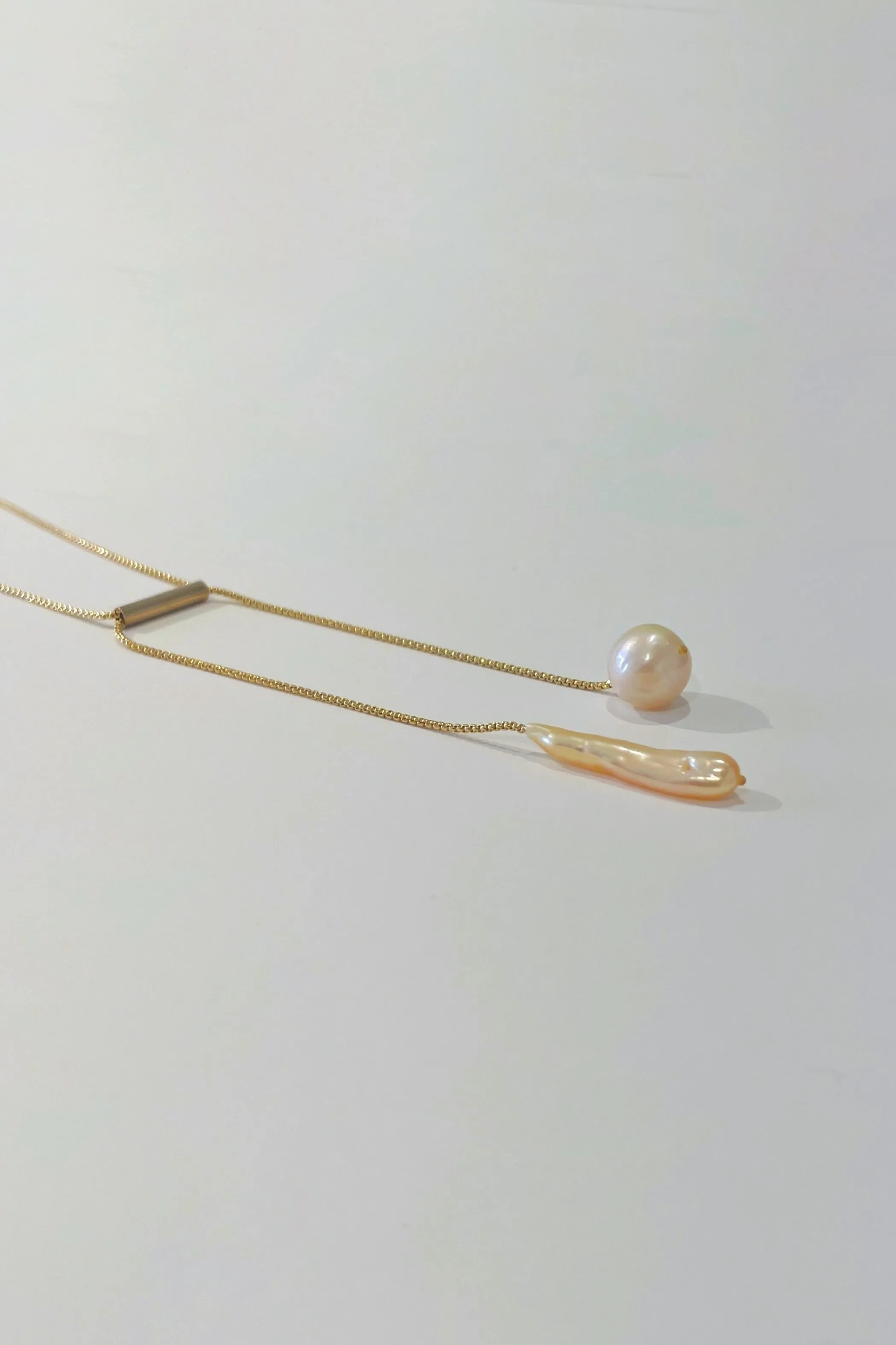 Twin Duo Adjustable Gold-Filled Chain Necklace With Freshwater Biwa Pearl and Baroque Pearl