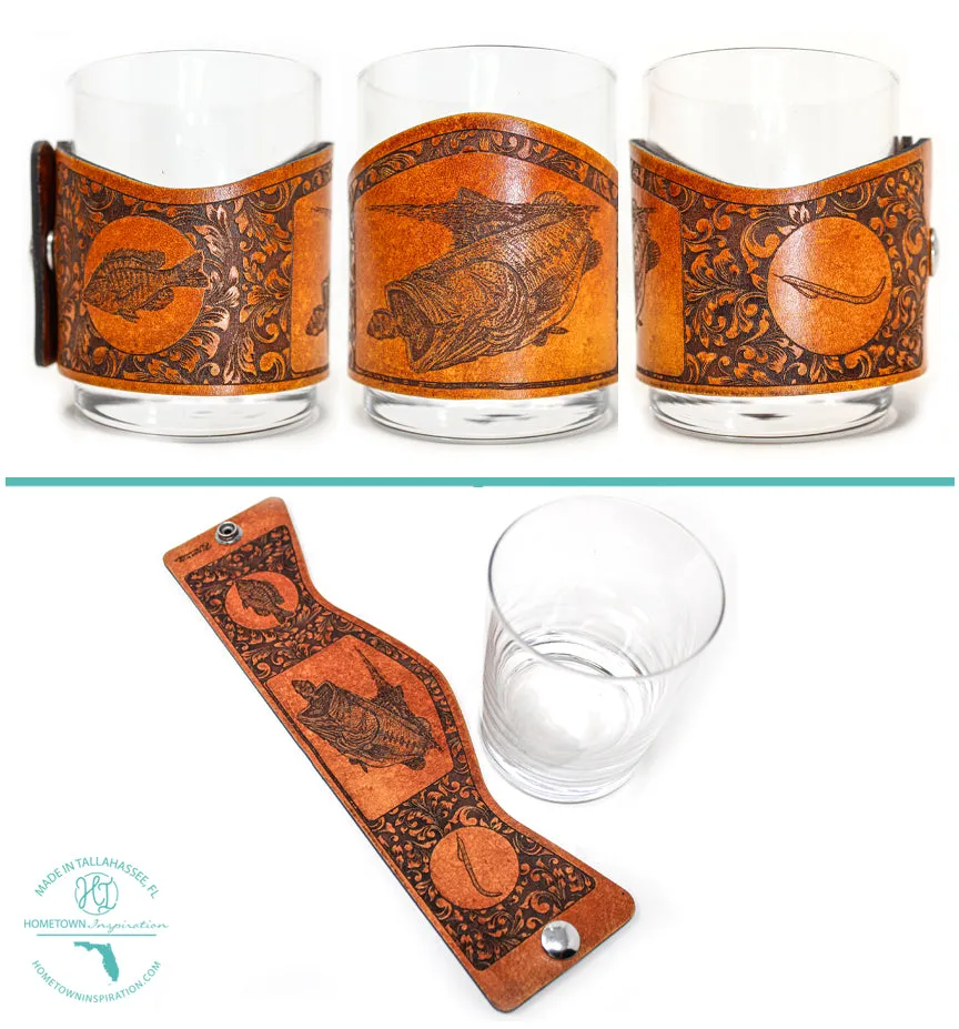 Whiskey Glass Leather Wrap - Large Mouth Bass Rocks Glass Set