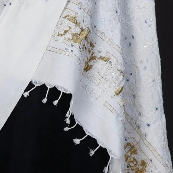 White - Kutchi Embroidery Handwoven Pure Merino Wool Shawl