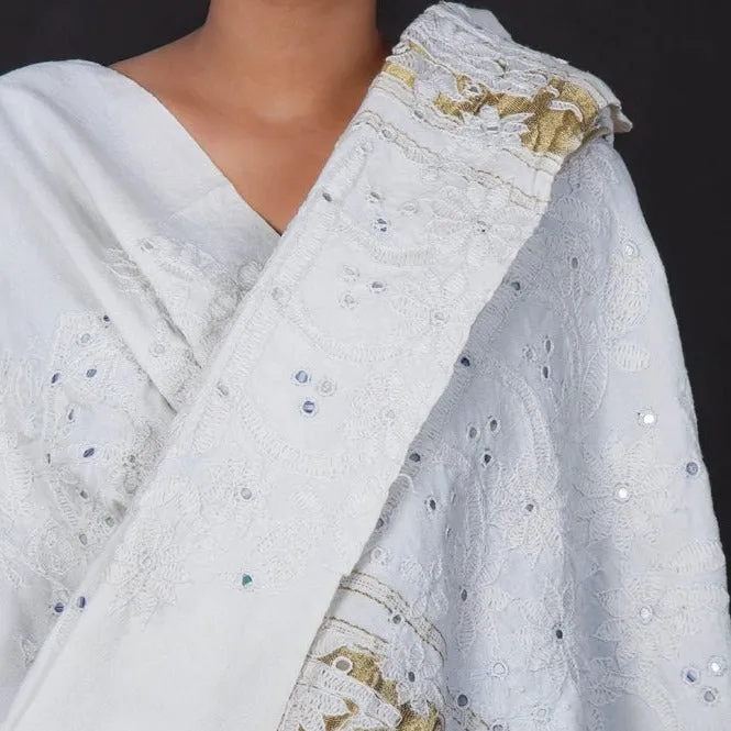 White - Kutchi Embroidery Handwoven Pure Merino Wool Shawl