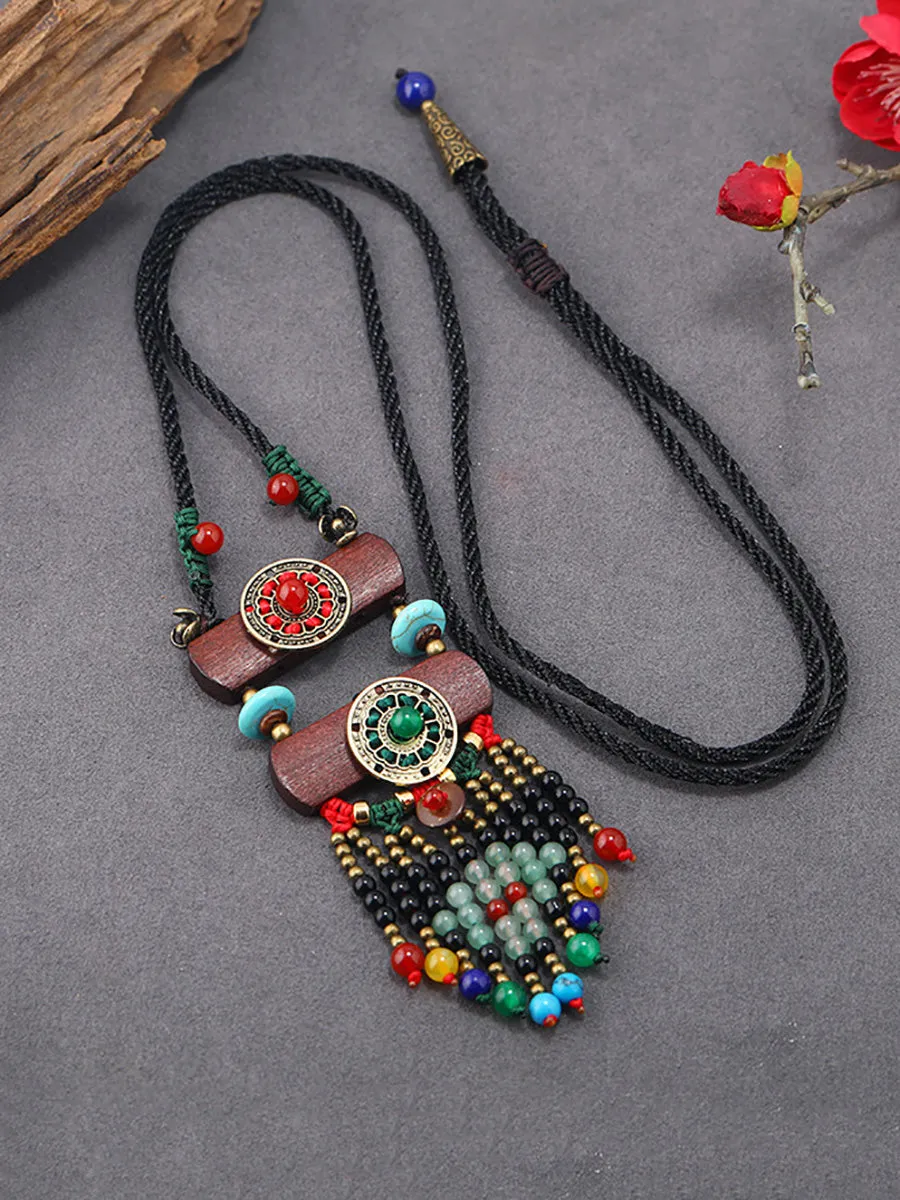 Women Ethnic Wooden Alloy Flower Tassel Pandent Necklace